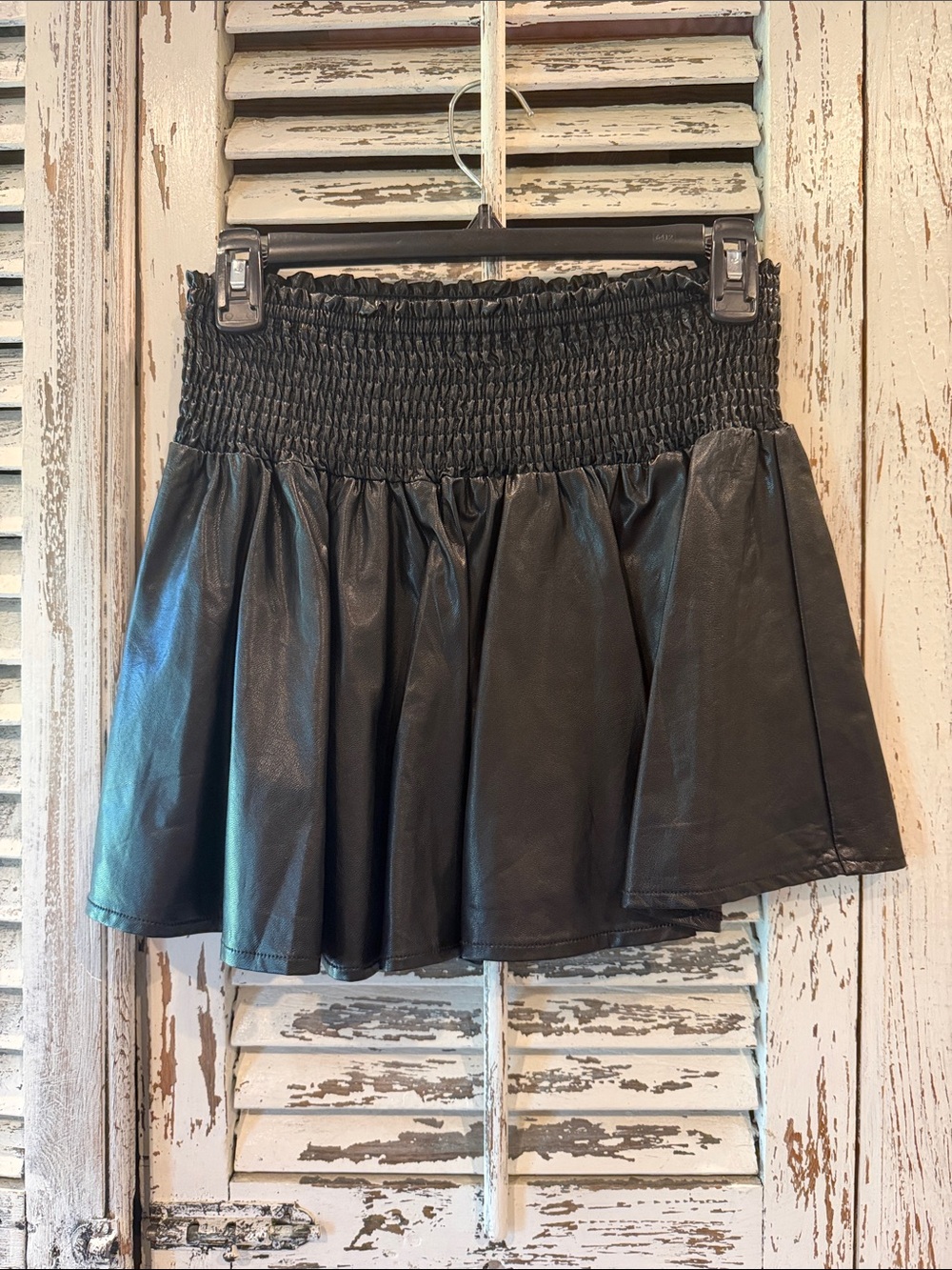 Karlie Black Faux Leather Smocked Waist Skater Skirt